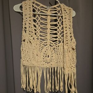 Beige Crochet Fringe Vest